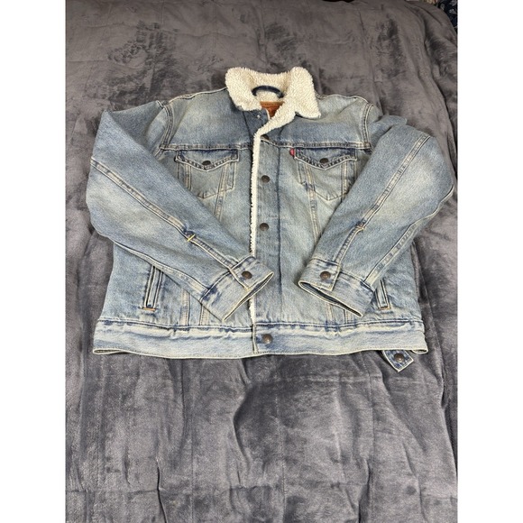 Levi's Premium Type III Sherpa Lined Blue Denim Trucker Jacket Mens Size M - Picture 1 of 6